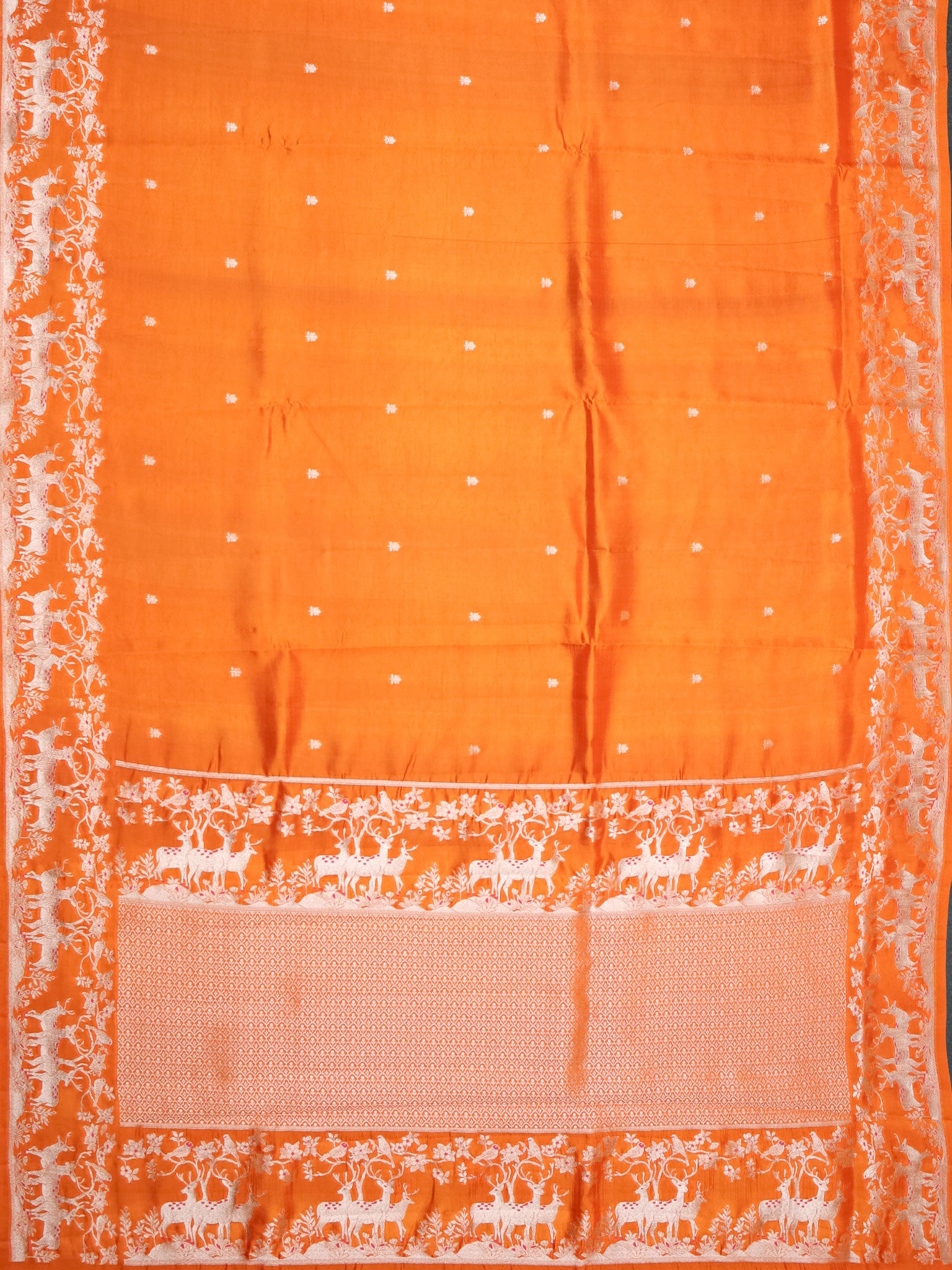 Orange Chiniya Silk Saree With Small Butta Deer Border And Self Gold Zari