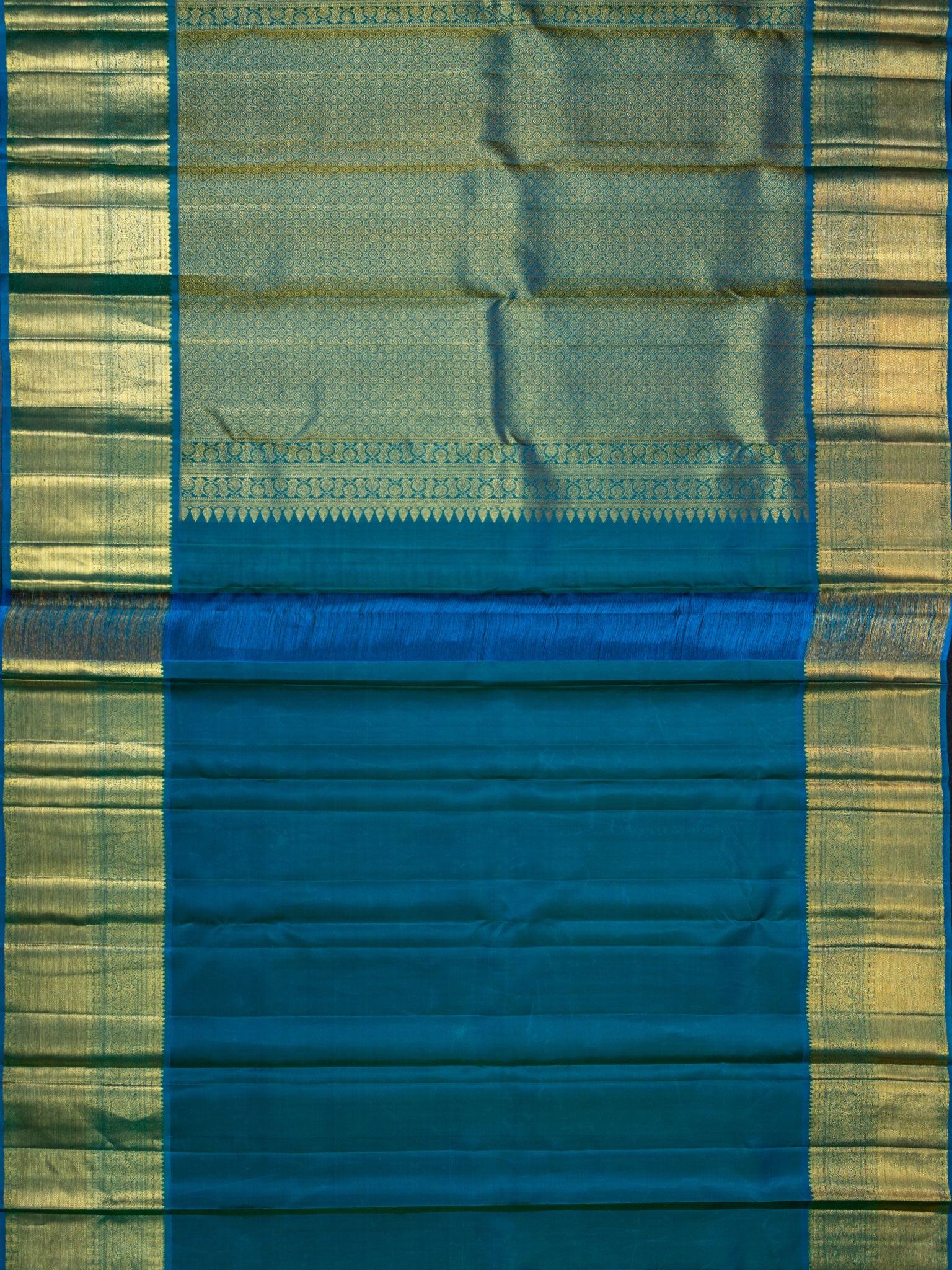 Kanjeevaram Kanchi Pattu All Over Butta Gold Zari With Contrast Border (Talambralu) Cream + Blue