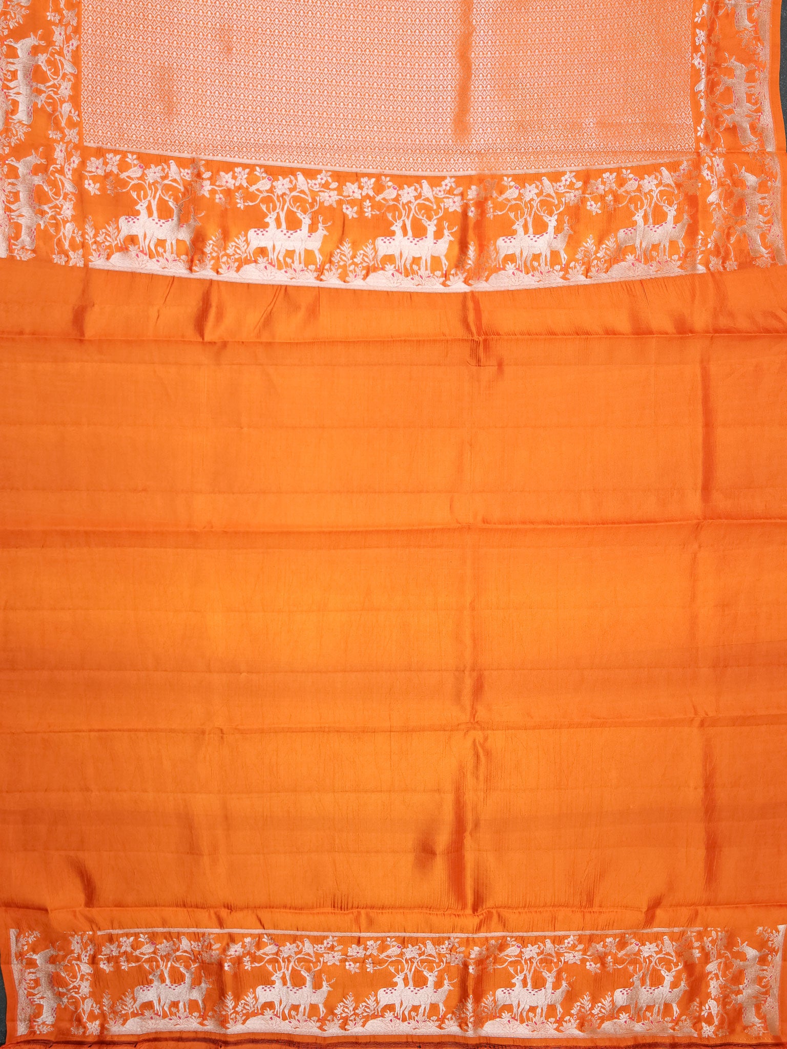 Orange Chiniya Silk Saree With Small Butta Deer Border And Self Gold Zari
