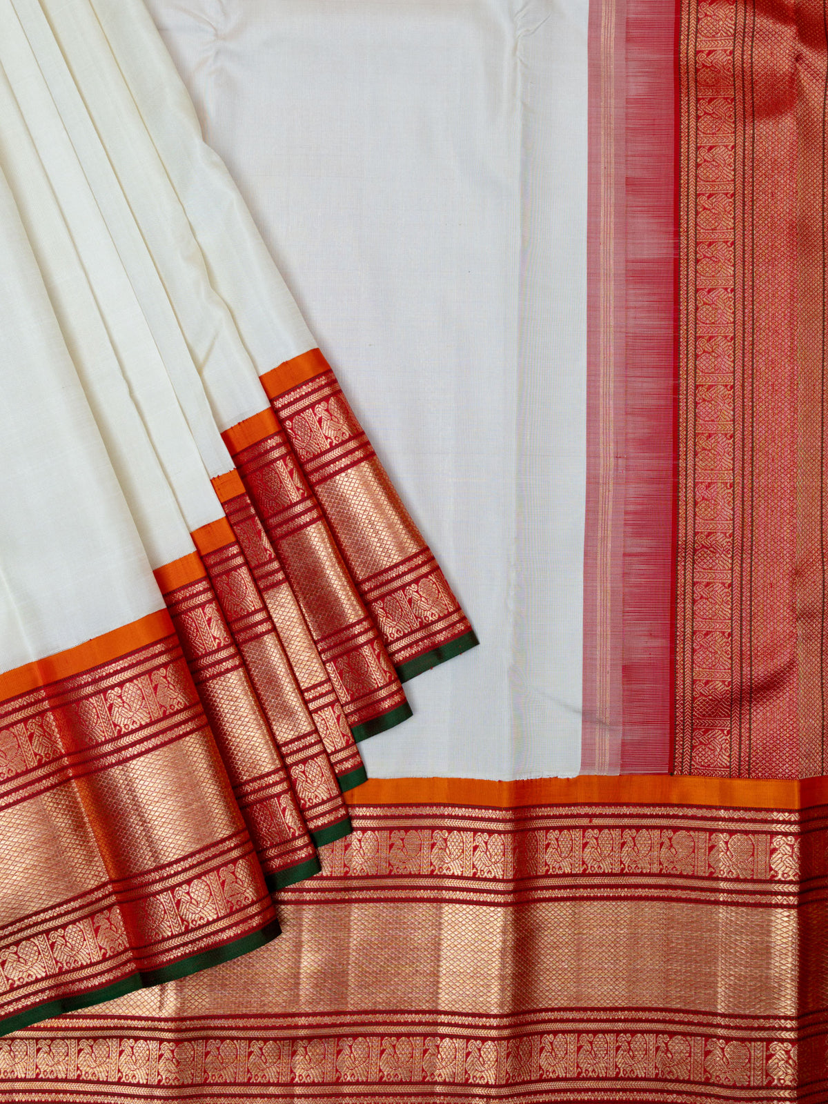 Kanjeevaram Kanchi Pattu All Over Butta Gold Zari With Contrast Border & Edgeing (Talambralu) Cream + Red
