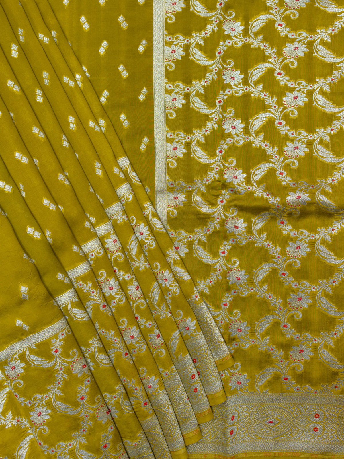 Turmeric Yellow Chiniya Silk Saree – All Over Silver Zari Weave Design