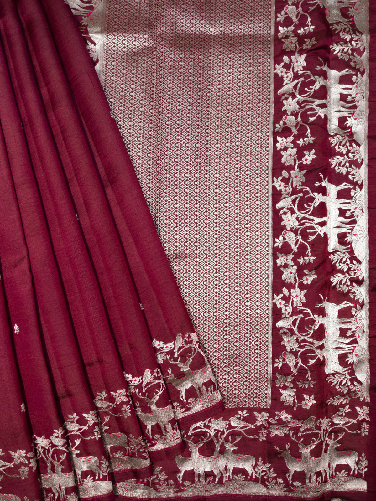 Maroon Chiniya Silk Saree With Small Butta Deer Border And Self Gold Zari