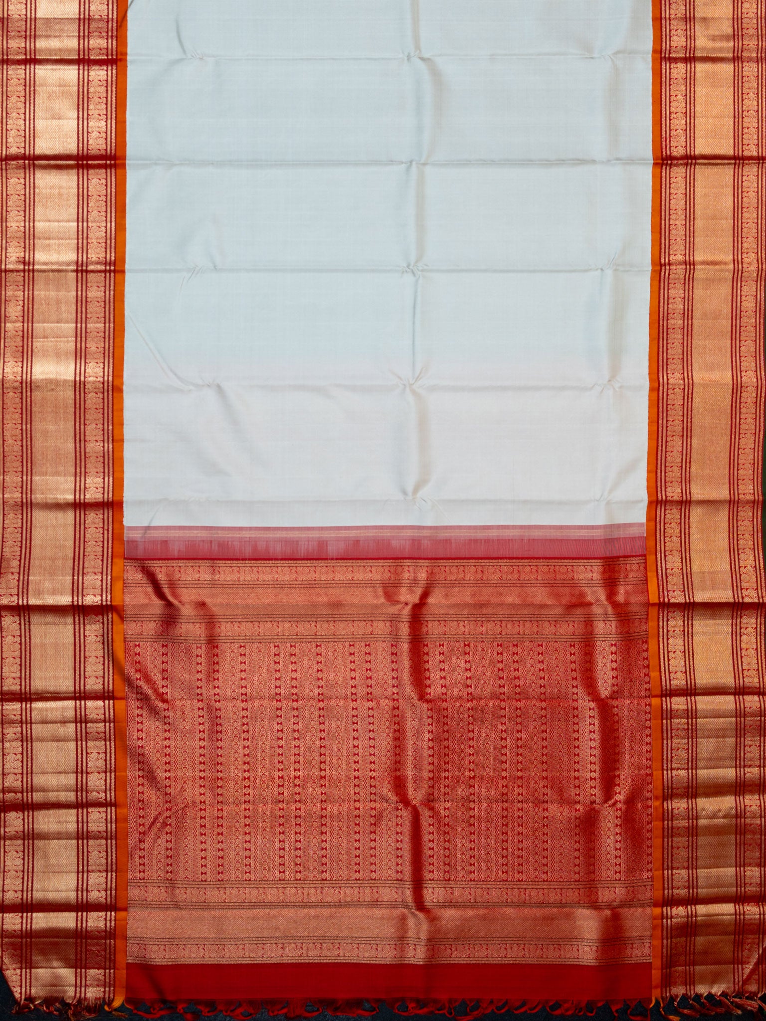 Kanjeevaram Kanchi Pattu All Over Butta Gold Zari With Contrast Border & Edgeing (Talambralu) Cream + Red