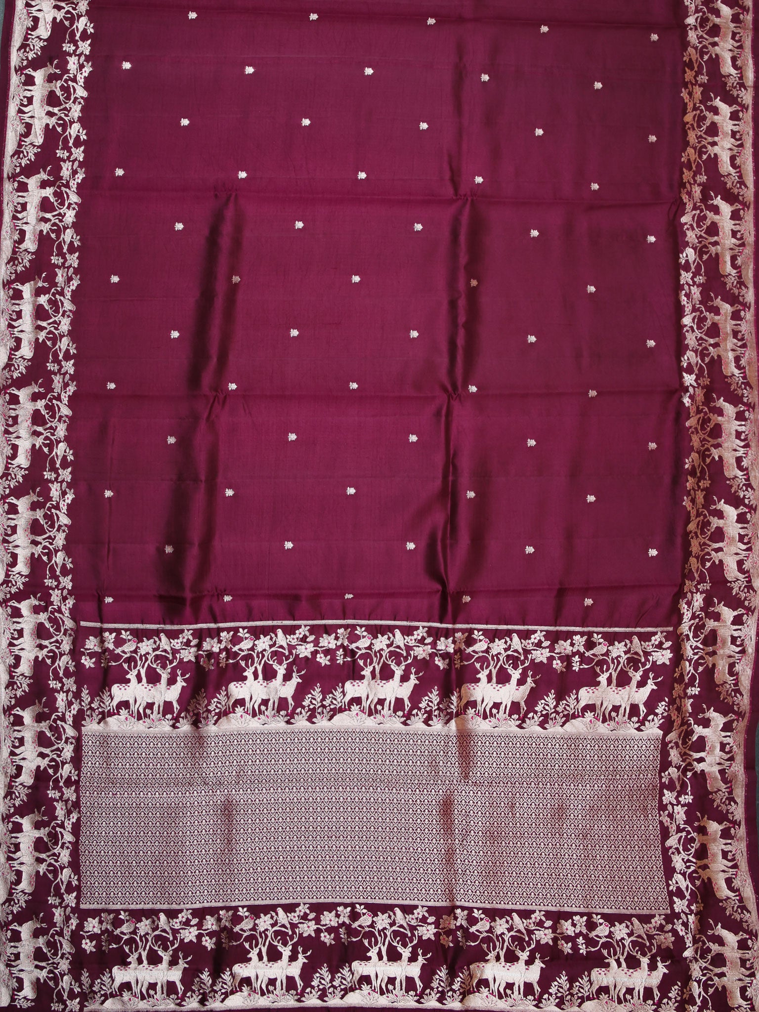 Maroon Chiniya Silk Saree With Small Butta Deer Border And Self Gold Zari