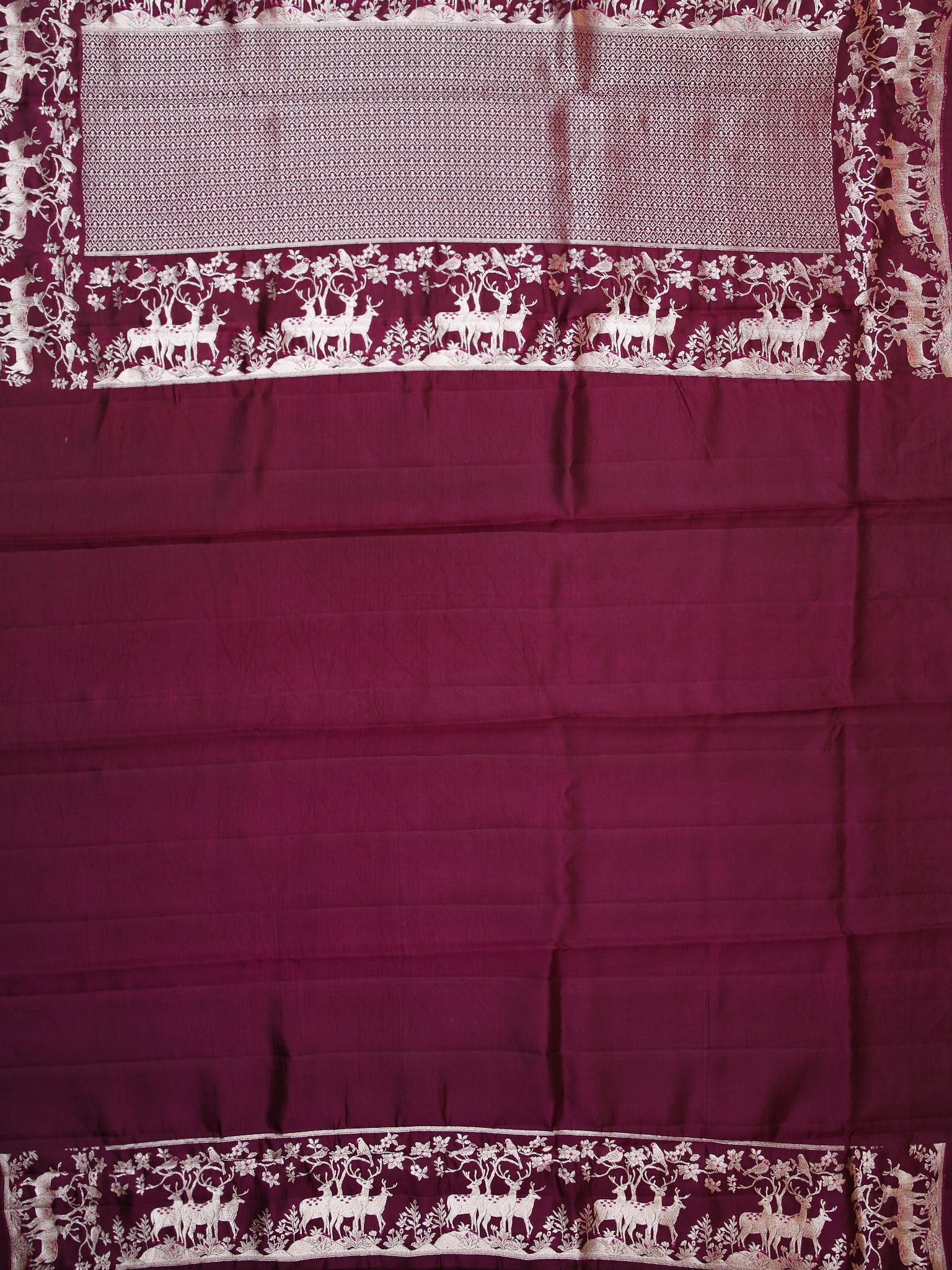 Maroon Chiniya Silk Saree With Small Butta Deer Border And Self Gold Zari