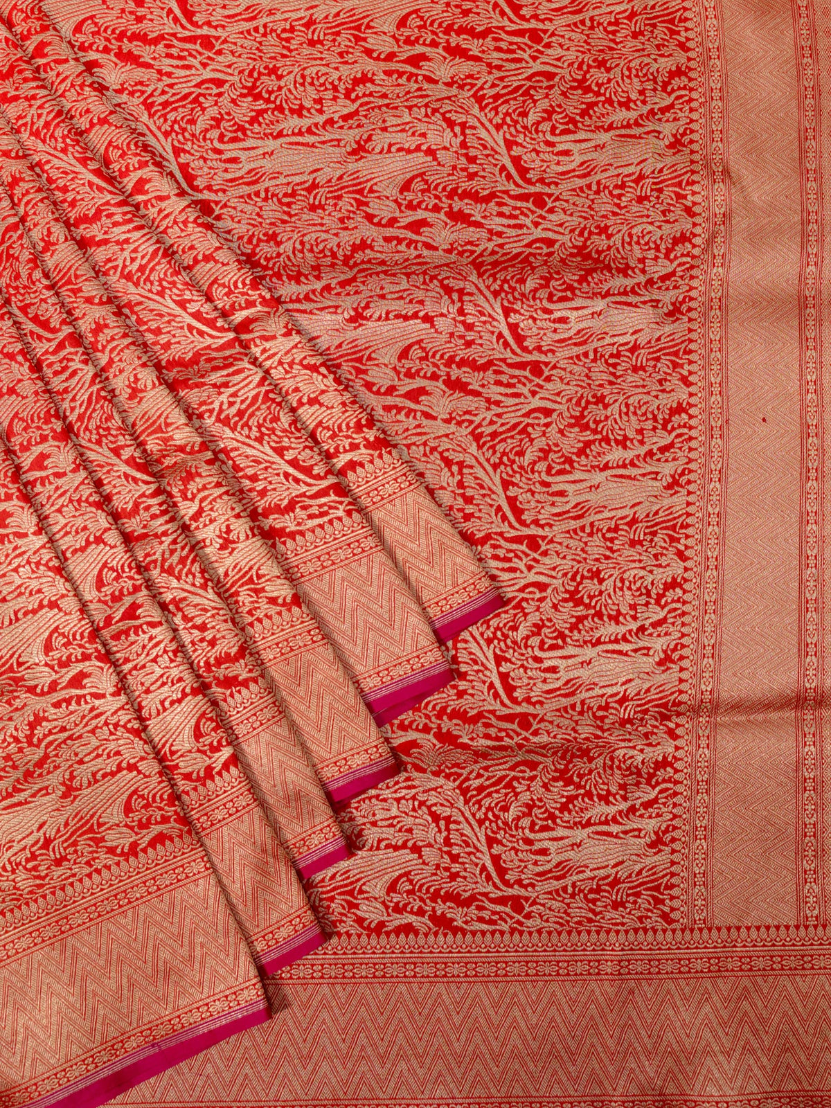 Weaves Banarasi Banarasi Jaal With Edgeing Orange + Pink