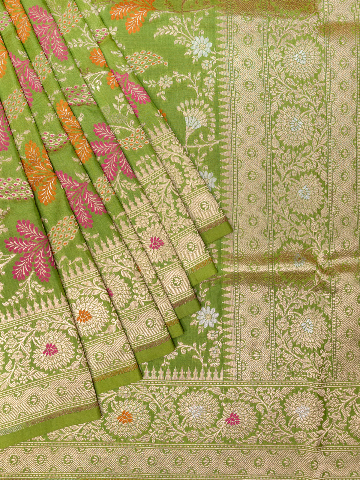 Banarasi Jaal Saree Parrot Green Gold Zari Unstitched