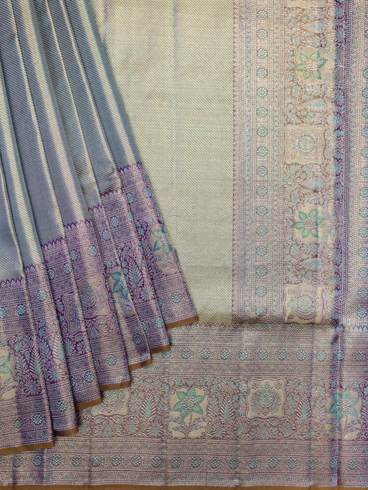 Kanjeevaram Kanchi Pattu Matte Finish Meenakari Contrast Edgeing Cream Matte Purple Base