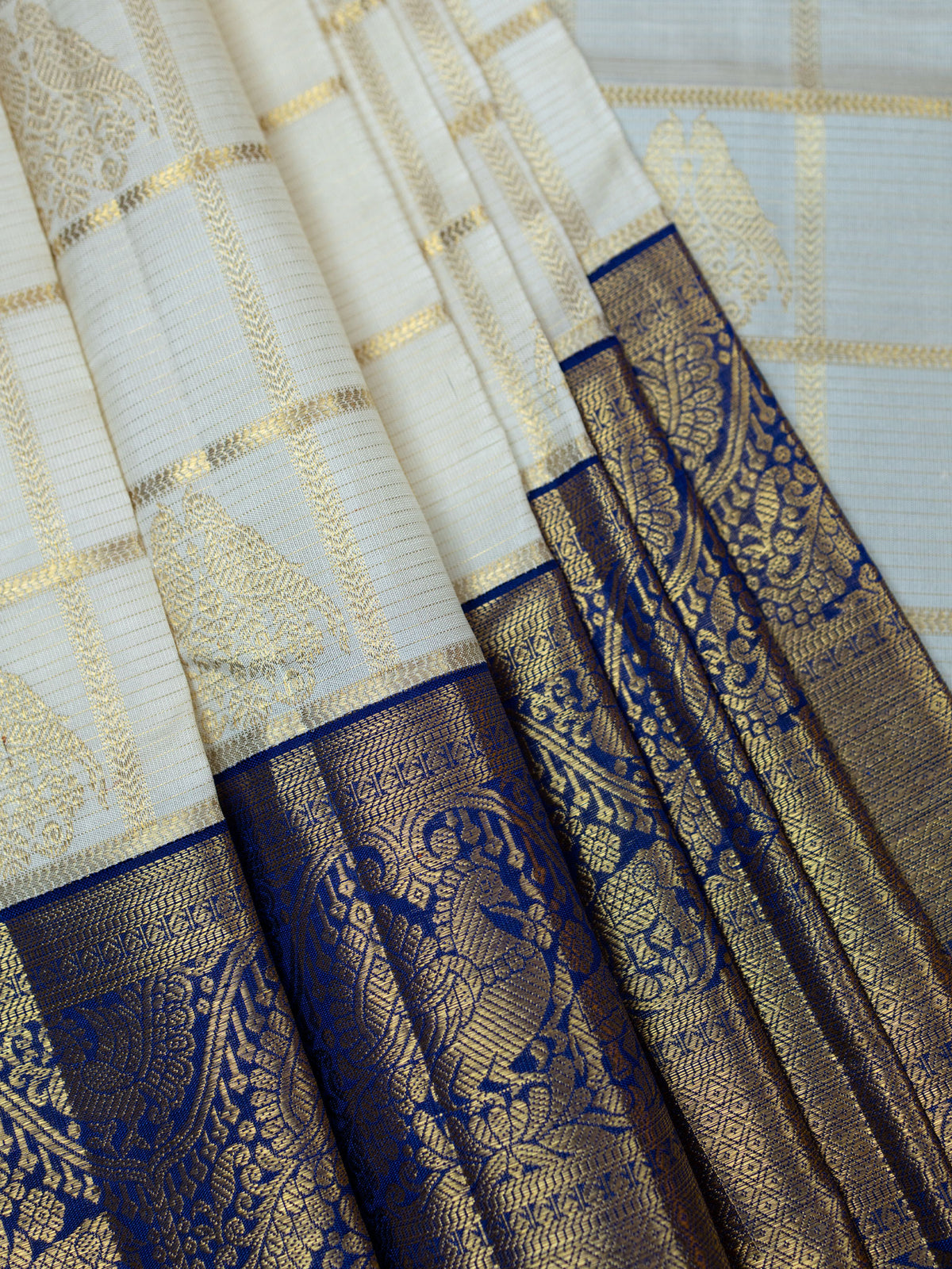 Kanjeevaram Kanchi Pattu All Over Checks With Butta Gold Zari (Talambralu) Cream + Dark-Blue