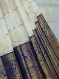 Kanjeevaram Kanchi Pattu All Over Checks With Butta Gold Zari (Talambralu) Cream + Dark-Blue