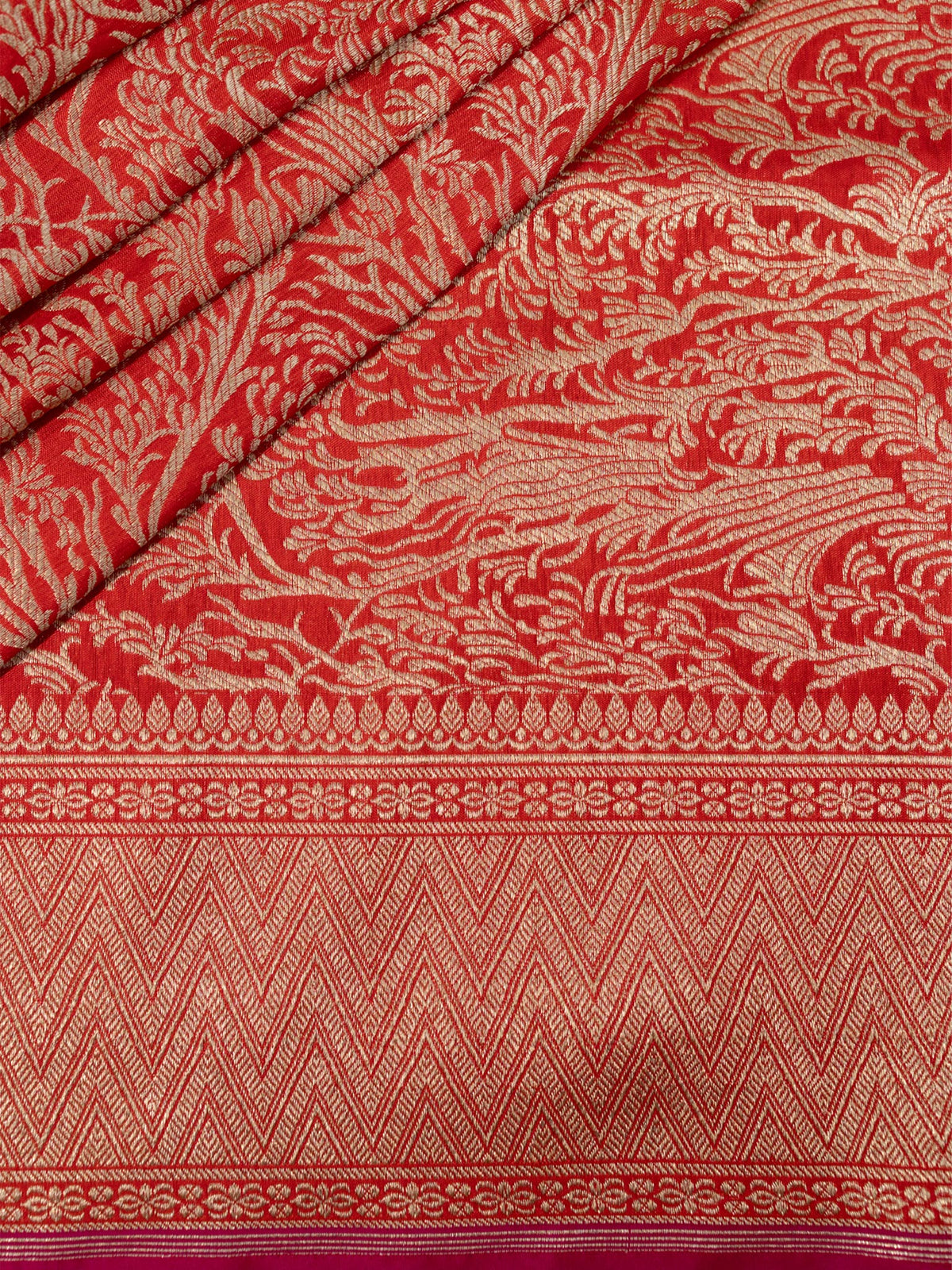 Weaves Banarasi Banarasi Jaal With Edgeing Orange + Pink