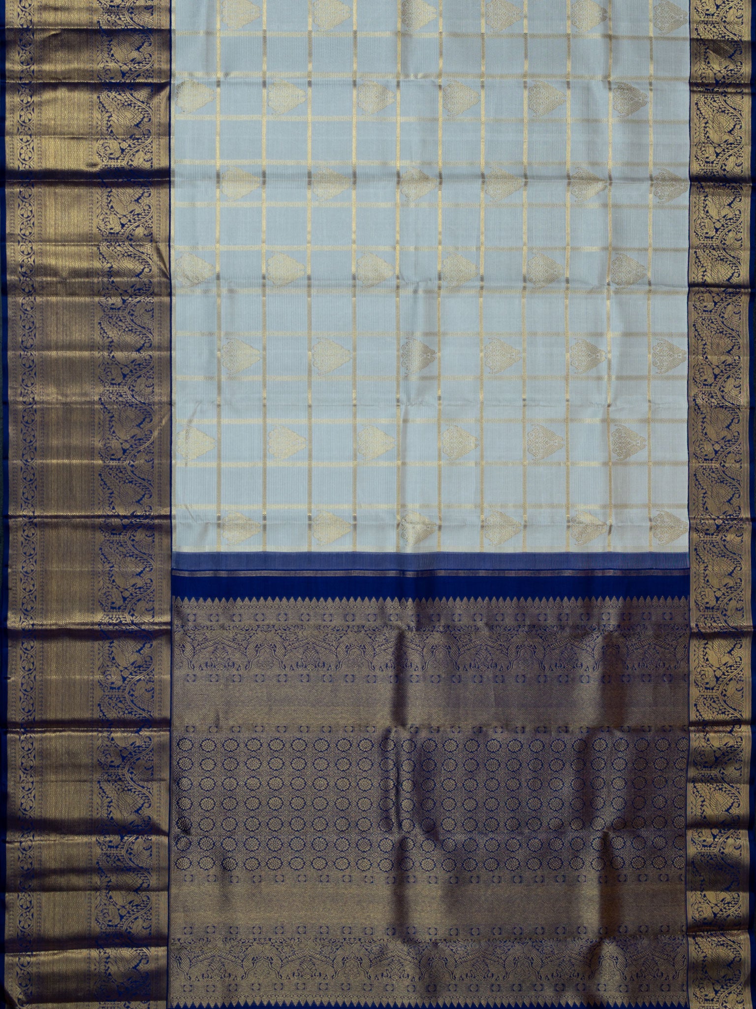 Kanjeevaram Kanchi Pattu All Over Checks With Butta Gold Zari (Talambralu) Cream + Dark-Blue