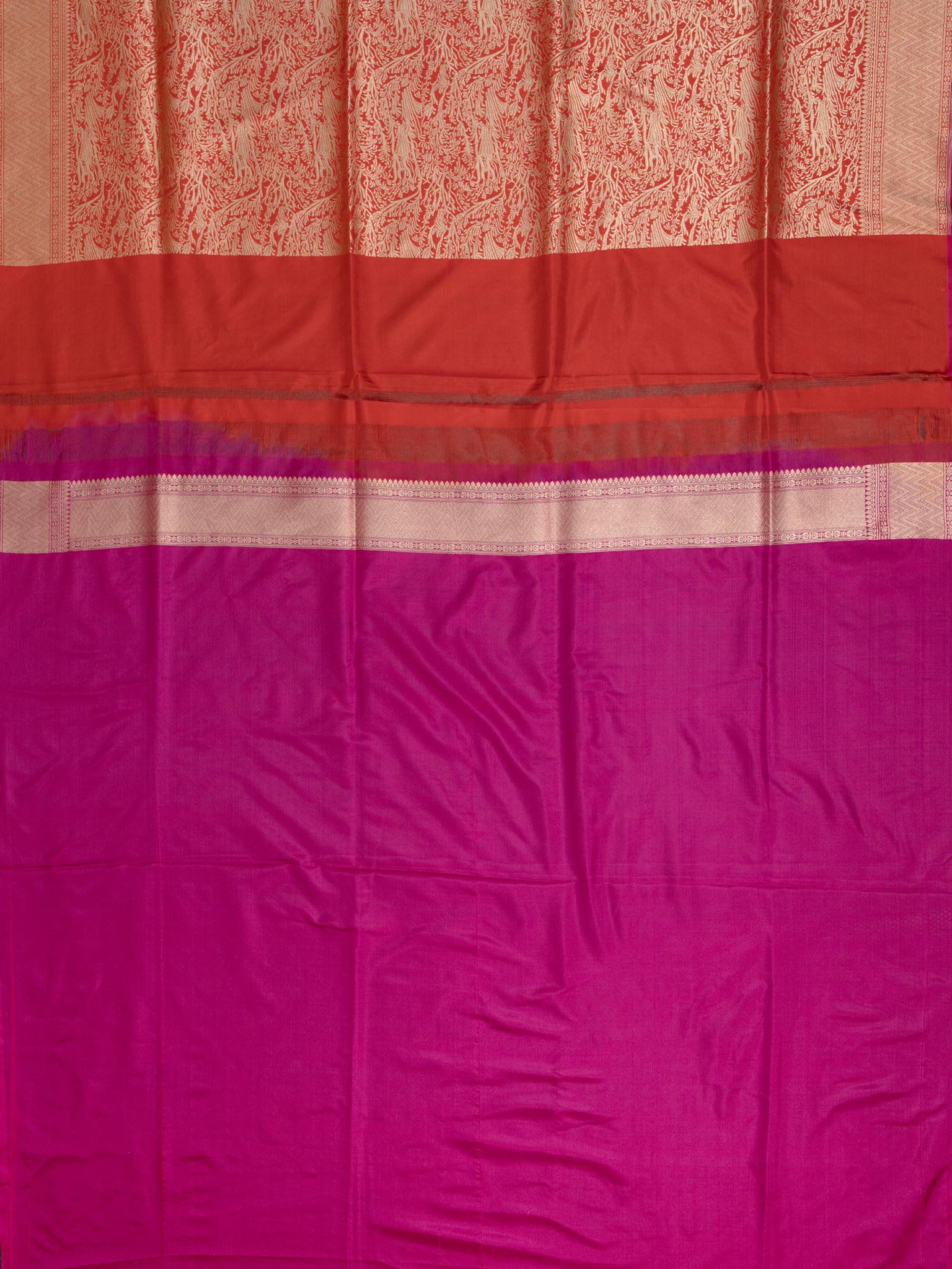 Weaves Banarasi Banarasi Jaal With Edgeing Orange + Pink