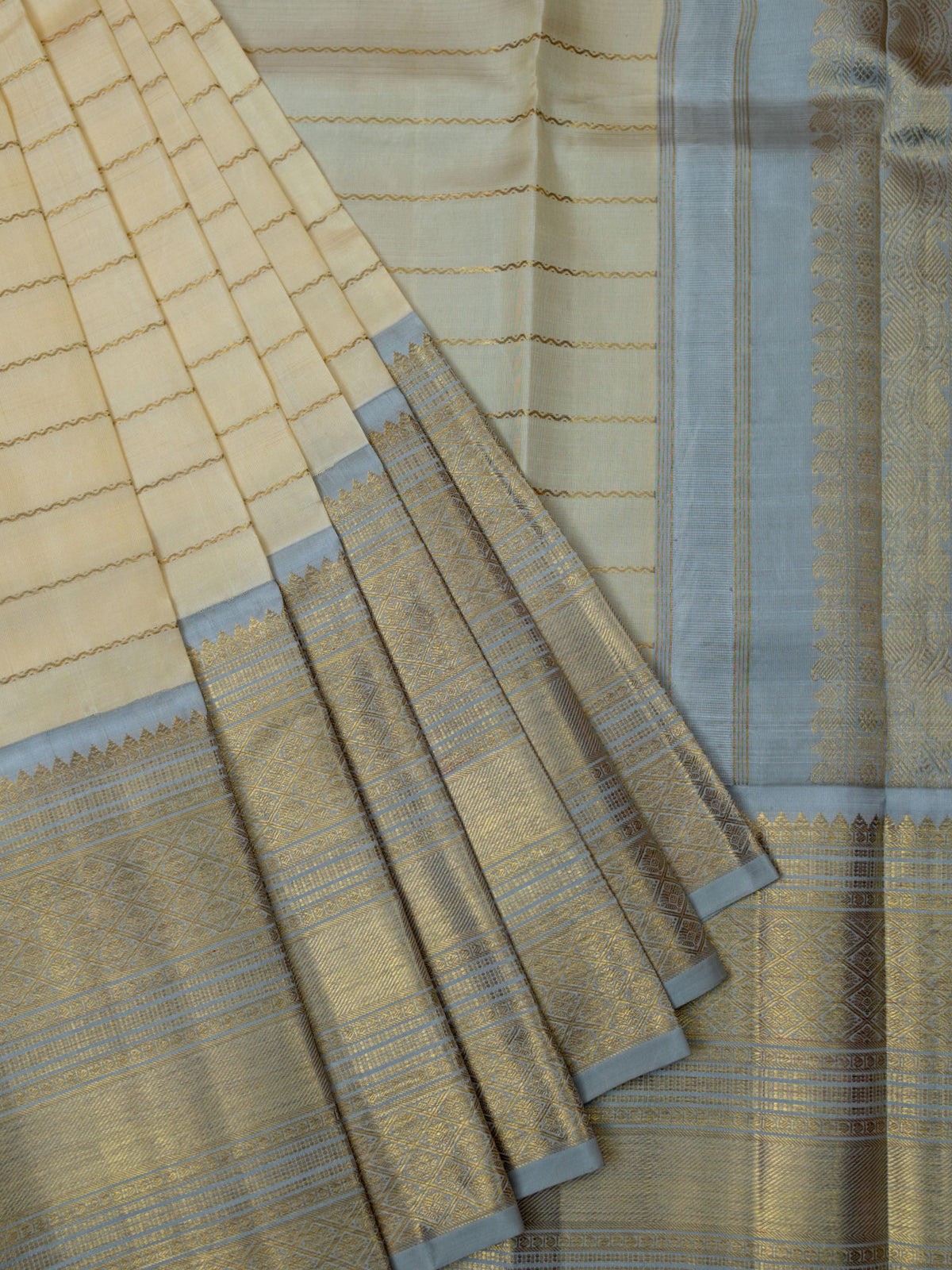 Kanjeevaram Kanchi Pattu All Over Butta Gold Zari With Contrast Border (Talambralu) Cream + Ash