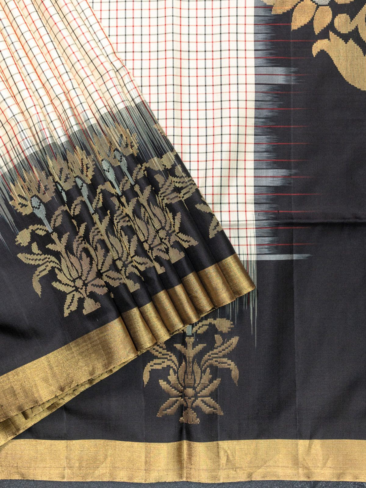 Cream Black Soft Silk Tripura Pattu Saree Unstitched Self