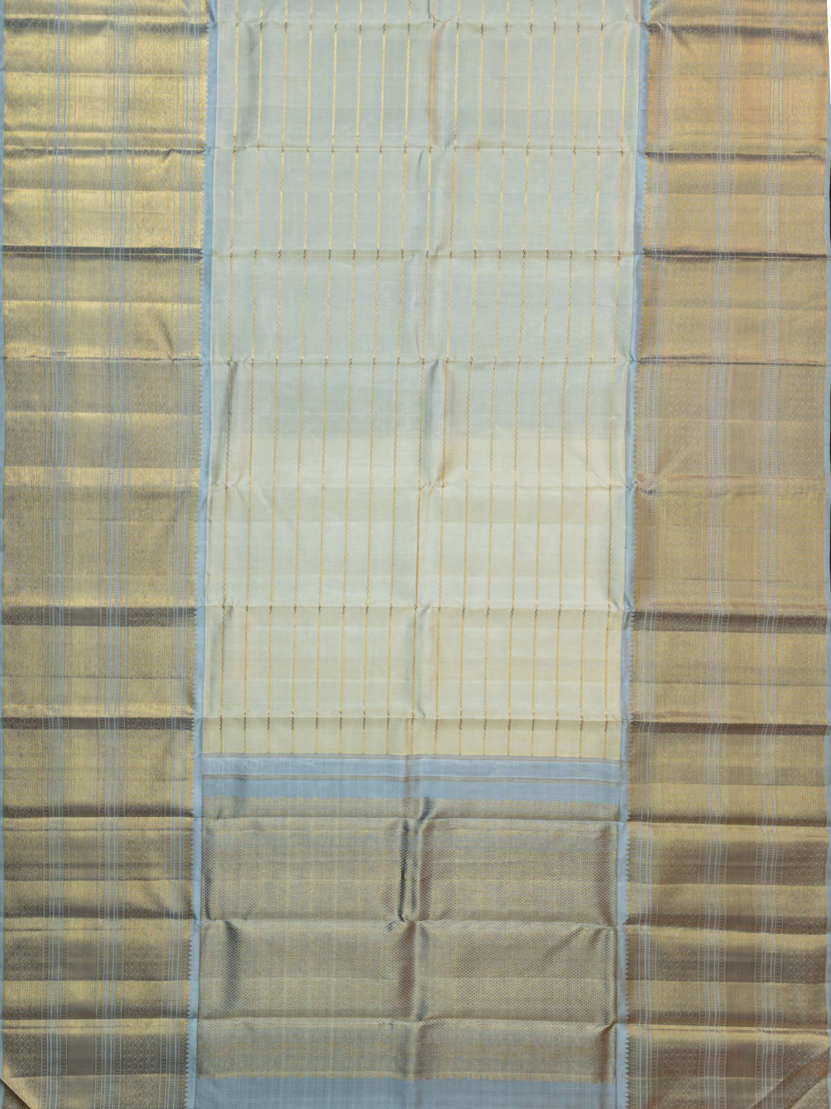 Kanjeevaram Kanchi Pattu All Over Butta Gold Zari With Contrast Border (Talambralu) Cream + Ash