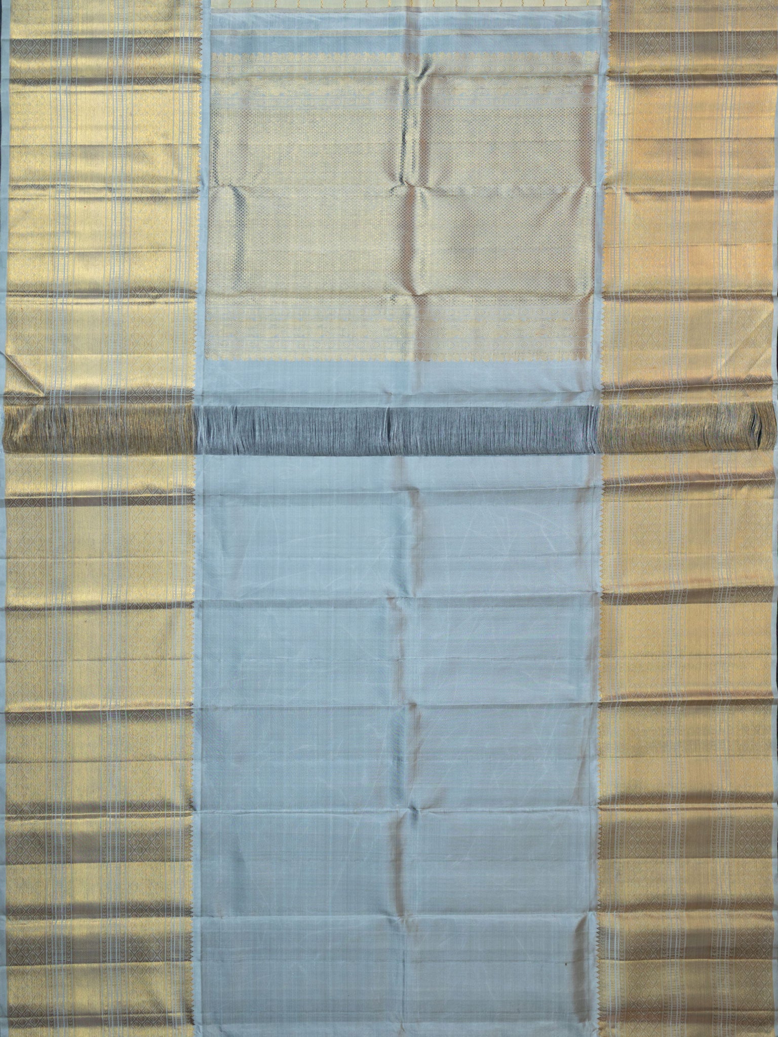Kanjeevaram Kanchi Pattu All Over Butta Gold Zari With Contrast Border (Talambralu) Cream + Ash