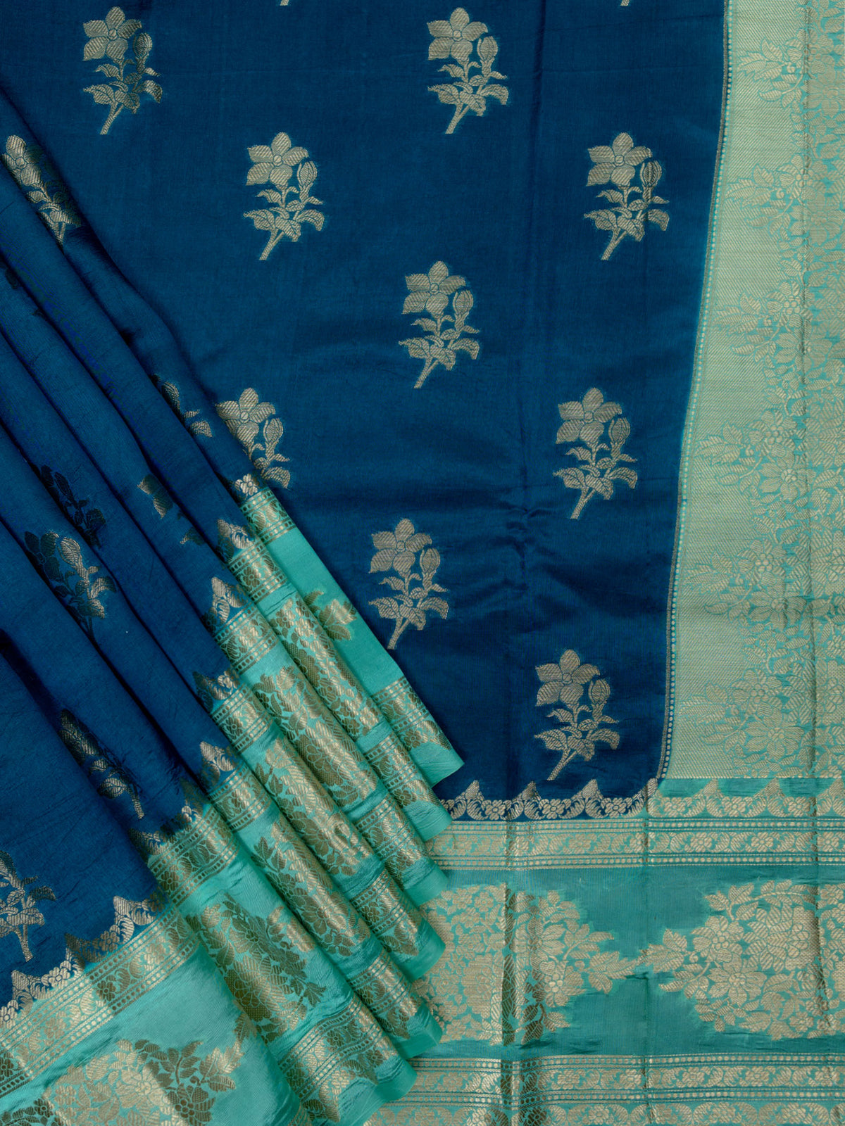 Teal And Sea Green Chiniya Silk Saree – All Over Silver Zari Design