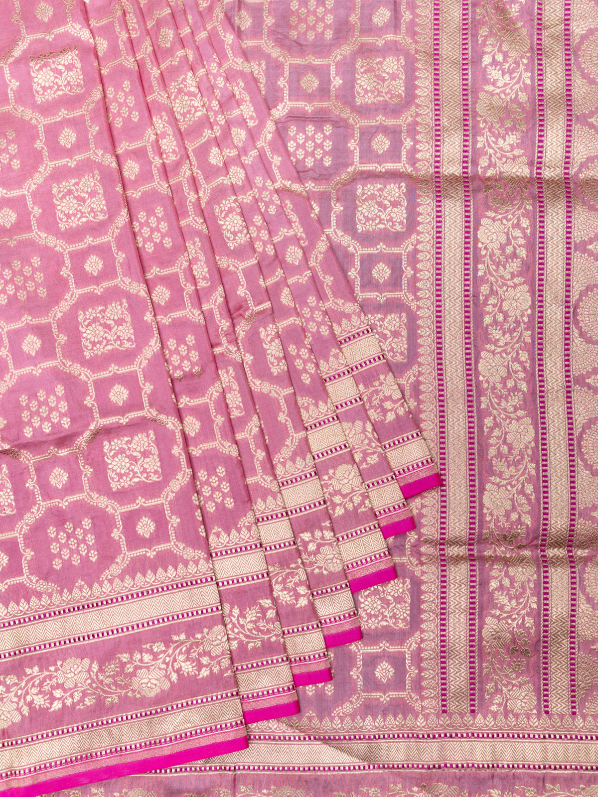 Banarasi Jaal Saree Pink Gold Zari Self Border