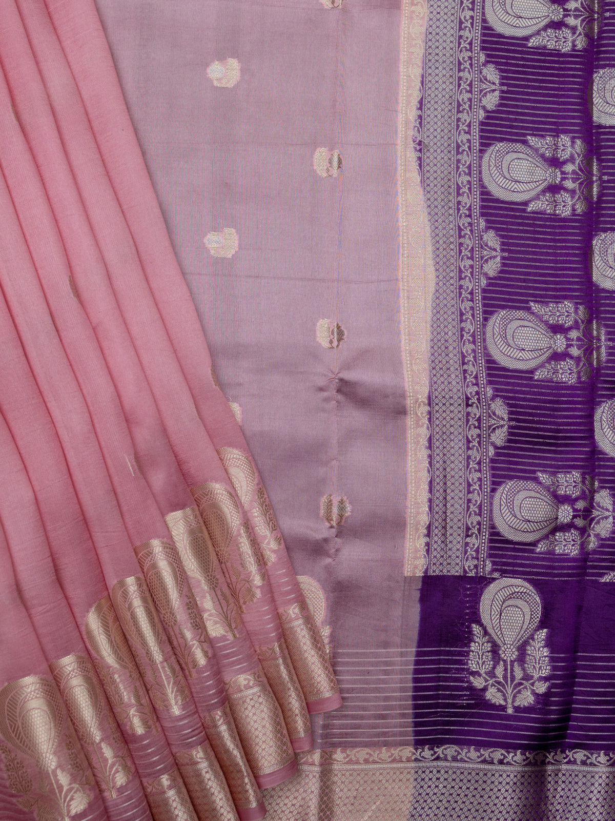 Peach Pink And Purple Chiniya Silk Saree – All Over Silver Zari Design