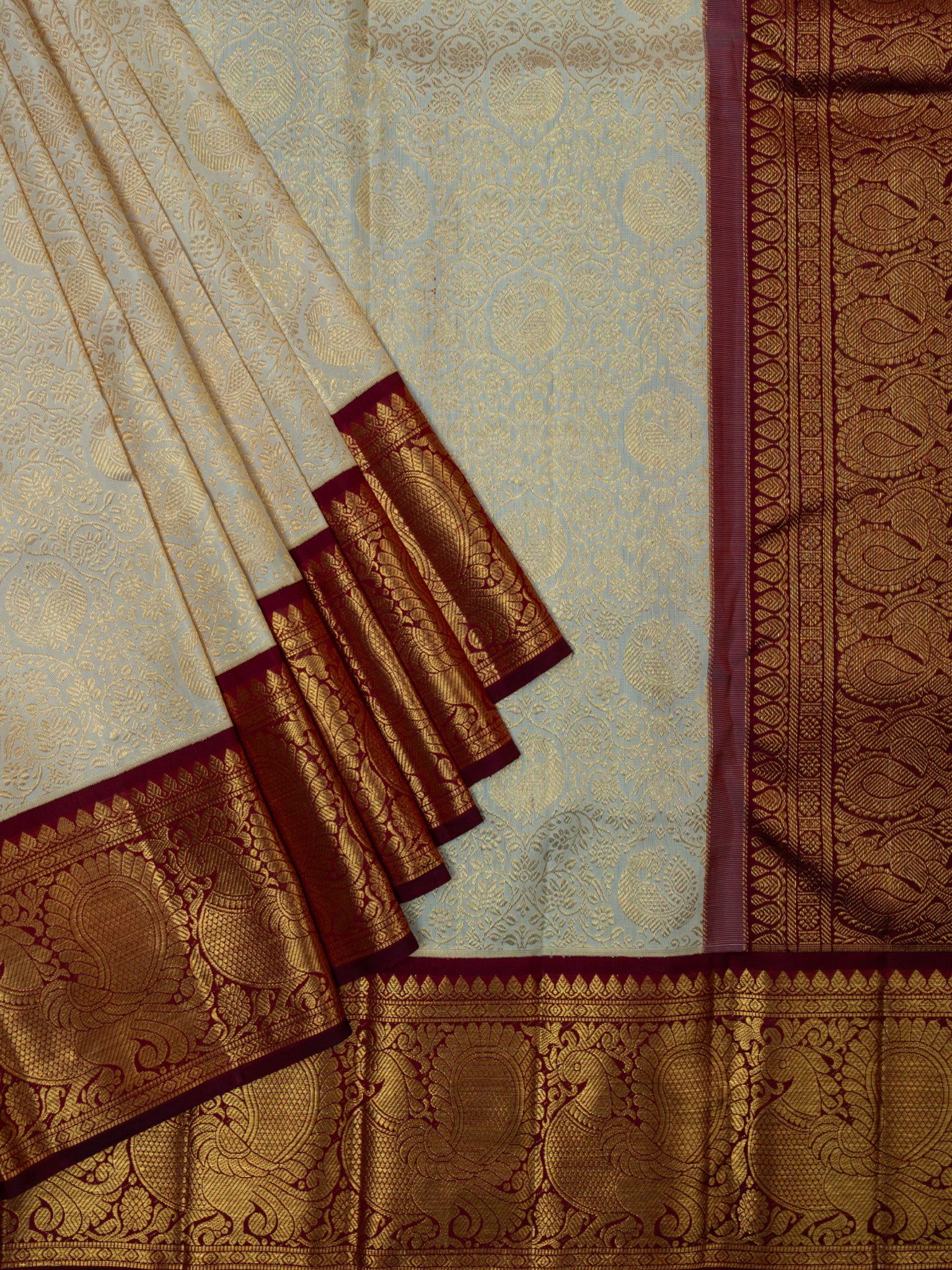 Kanjeevaram Kanchi Pattu All Over Butta Zari With Contrast Border (Talambralu) Cream + Maroon