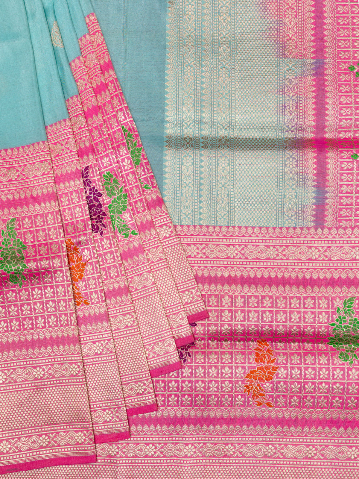 Banarasi Jaal Saree Sea Blue Pink Gold Zari Contrast Border