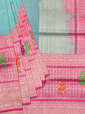 Banarasi Jaal Saree Sea Blue Pink Gold Zari Contrast Border