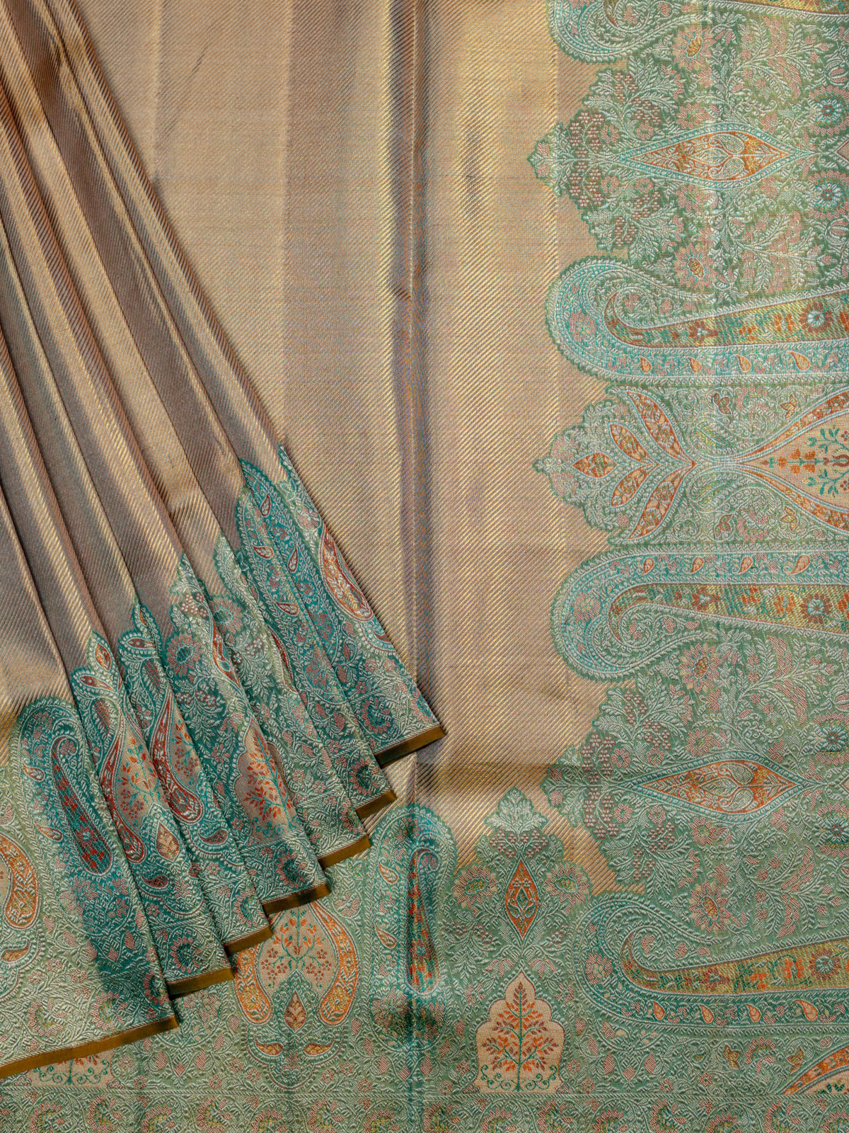 Kanjeevaram Kanchi Pattu Matte Finish Meenakari Contrast Border And Edgeing Cream Matte Purple Base + Blue