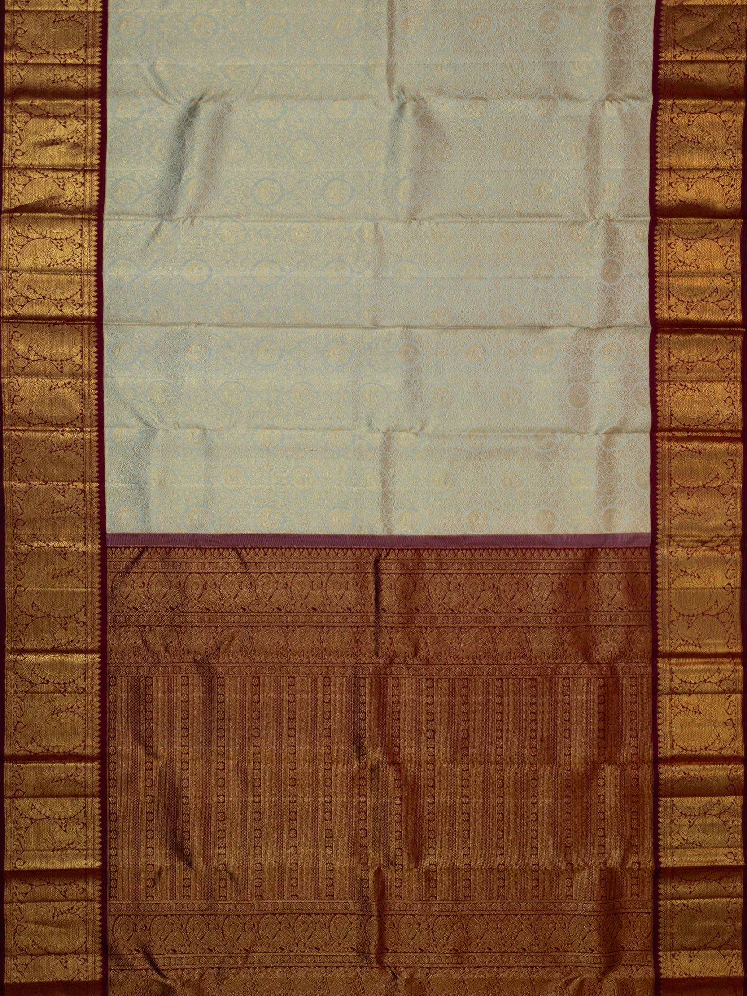 Kanjeevaram Kanchi Pattu All Over Butta Zari With Contrast Border (Talambralu) Cream + Maroon