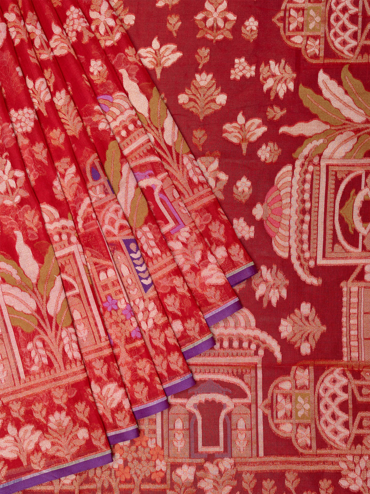 Red Banarasi Butta Saree with Gold Zari Border