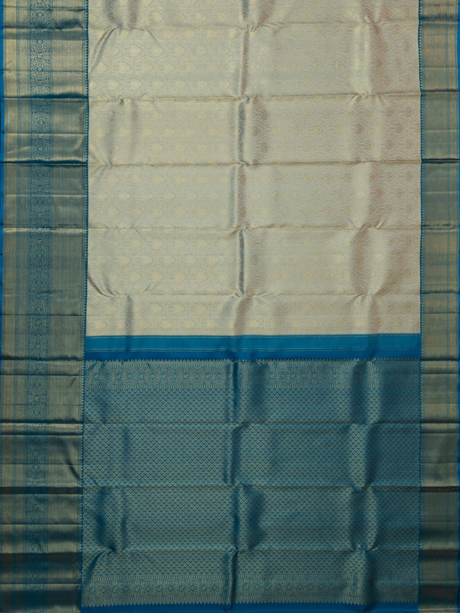 Kanjeevaram Kanchi Pattu All Over Butta Zari With Contrast Border (Talambralu) Cream + Blue