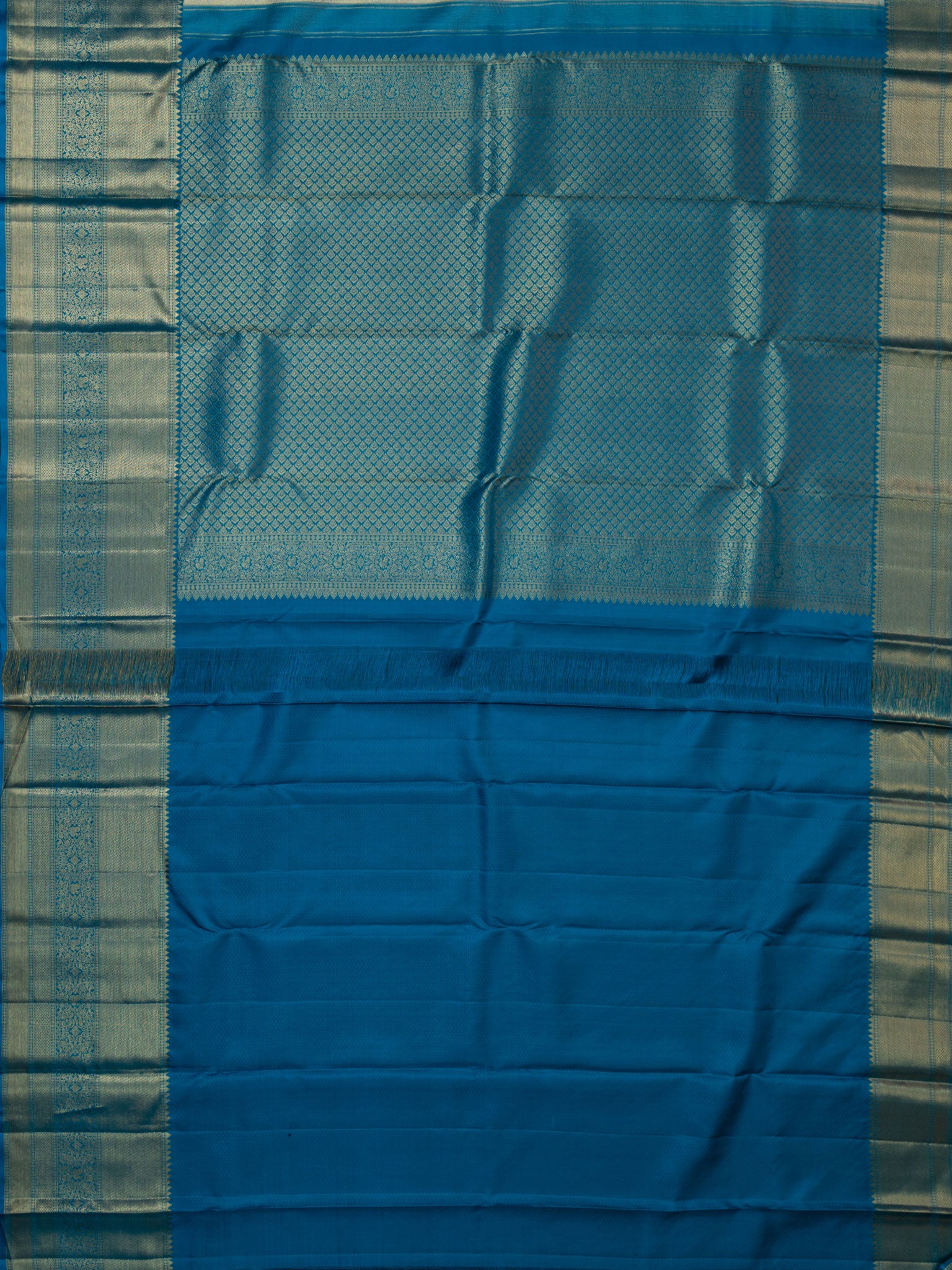 Kanjeevaram Kanchi Pattu All Over Butta Zari With Contrast Border (Talambralu) Cream + Blue