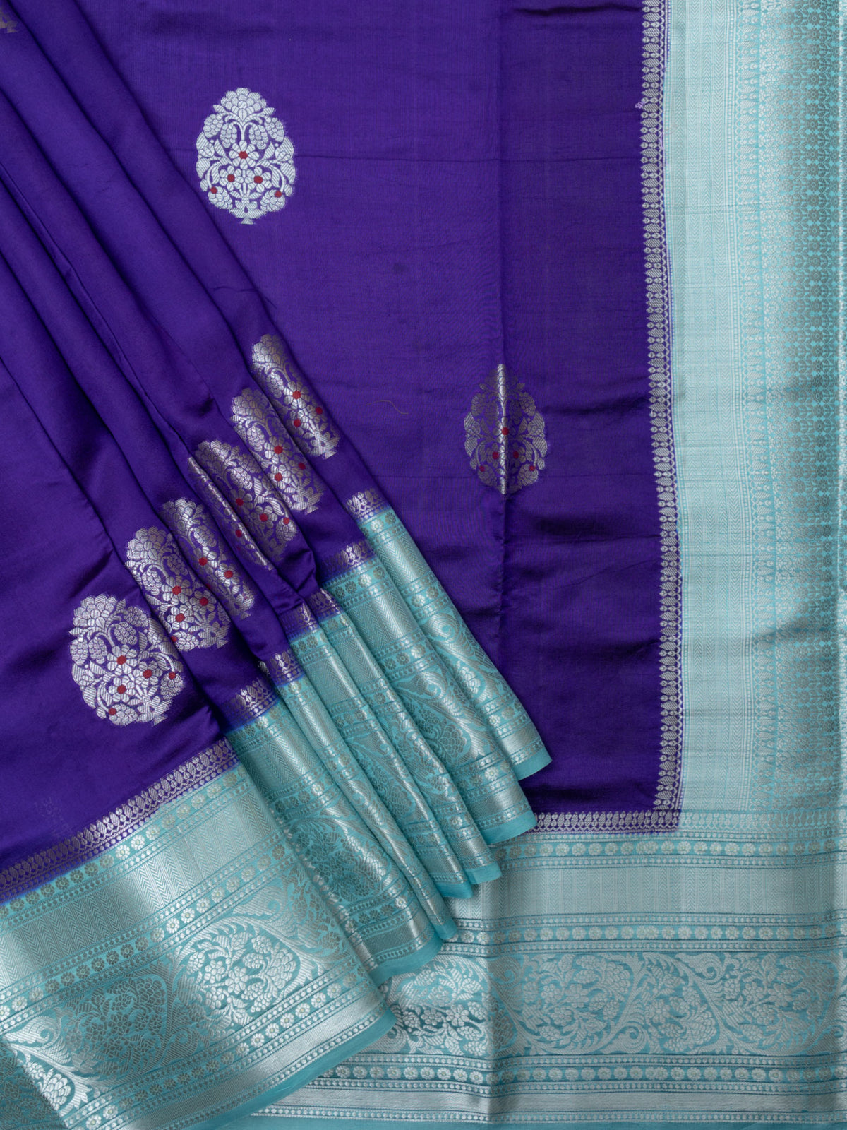 Purple And Ice Blue Chiniya Silk Saree With All Over Silver Zari Design