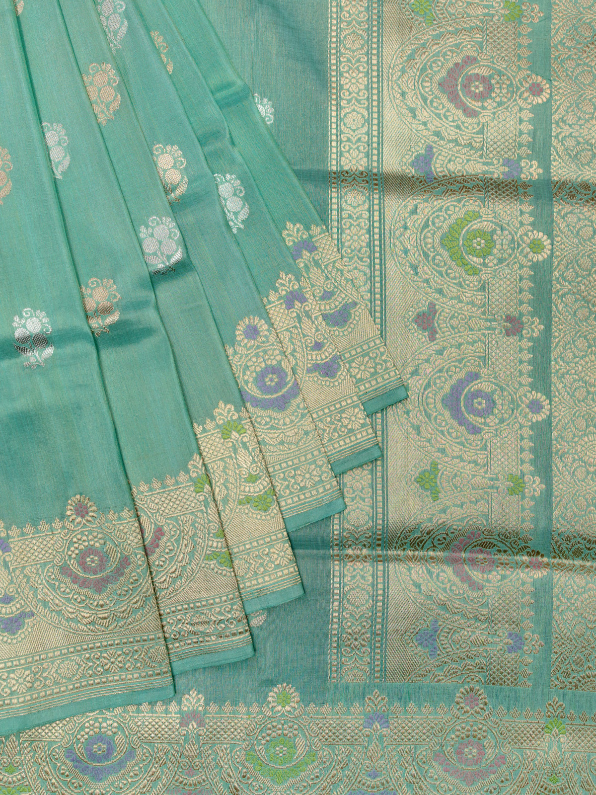 Banarasi Butta Saree Sea Blue Gold Zari Self Border