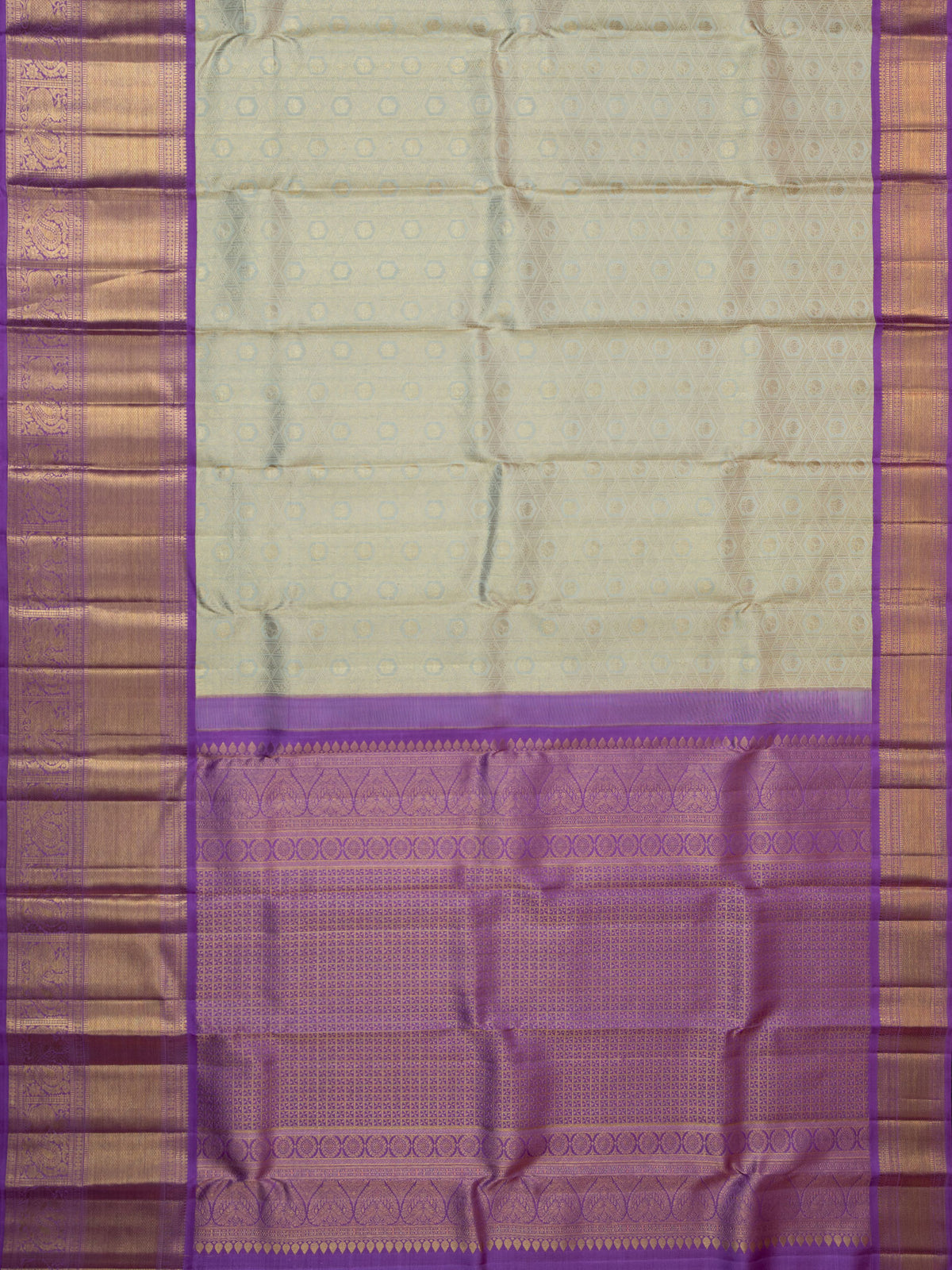 Kanjeevaram Kanchi Pattu All Over Butta Zari With Contrast Border (Talambralu) Cream + Lilac