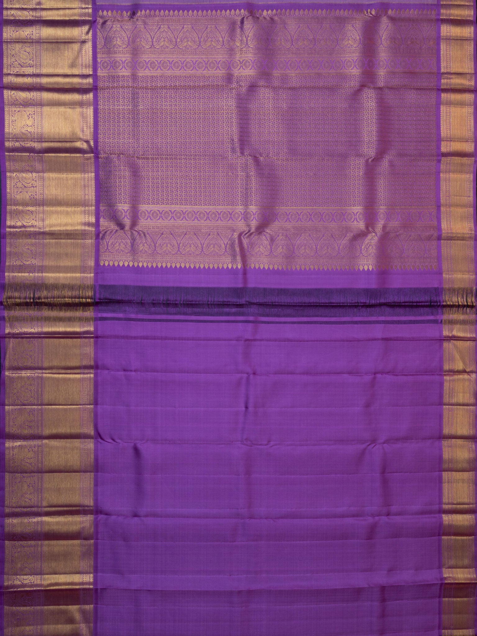 Kanjeevaram Kanchi Pattu All Over Butta Zari With Contrast Border (Talambralu) Cream + Lilac