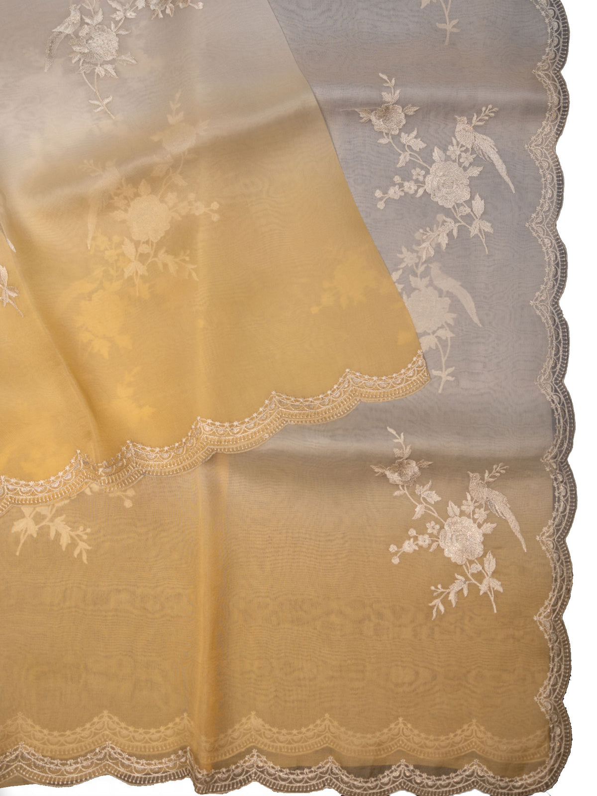 White And Yellow Organza Saree With Multi Shade Thread Work Detailing