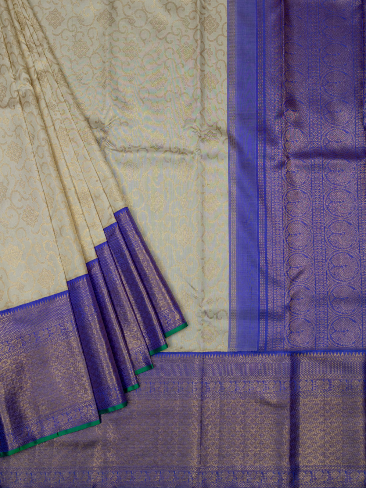 Kanjeevaram Kanchi Pattu All Over Butta Gold Zari With Contrast Border & Edgeing (Talambralu) White + Lilac + Green