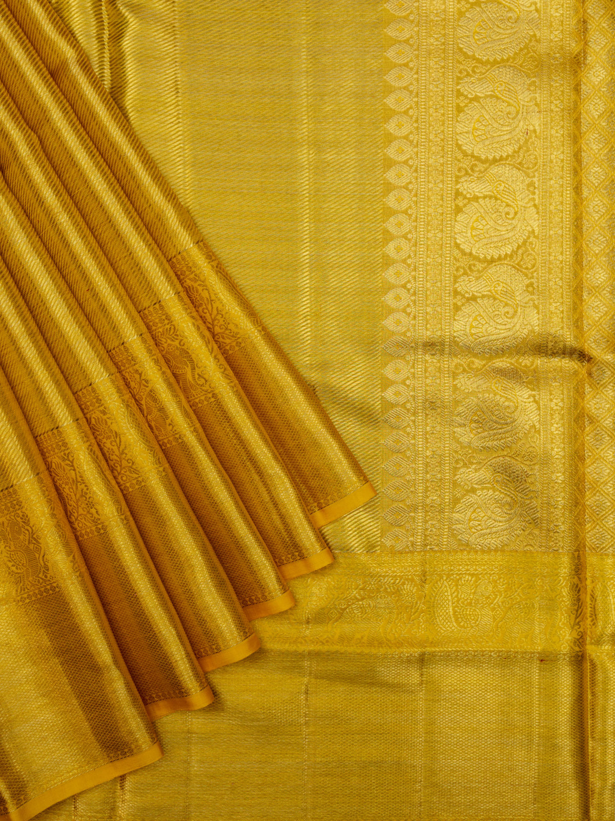 Kanjeevaram Kanchi Pattu Matte Finish Meenakari Kanchi Contrast Border Cream Matte Yellow Base