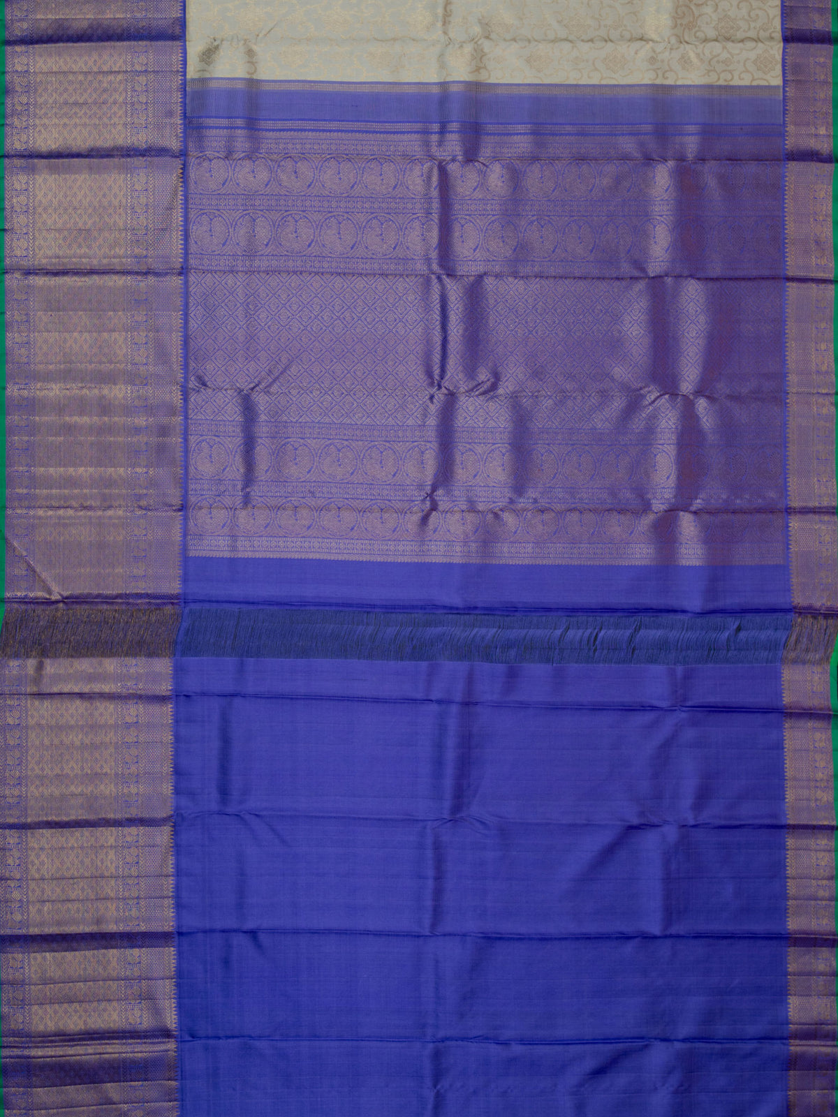 Kanjeevaram Kanchi Pattu All Over Butta Gold Zari With Contrast Border & Edgeing (Talambralu) White + Lilac + Green