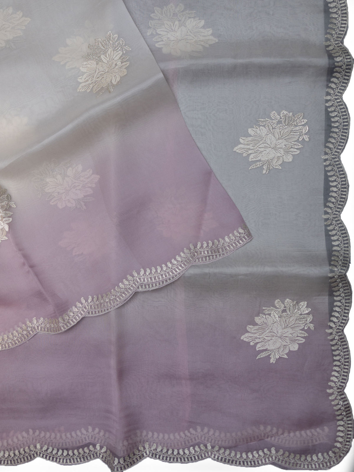 White And Lavender Organza Saree With Multi Shade Thread Work Detailing