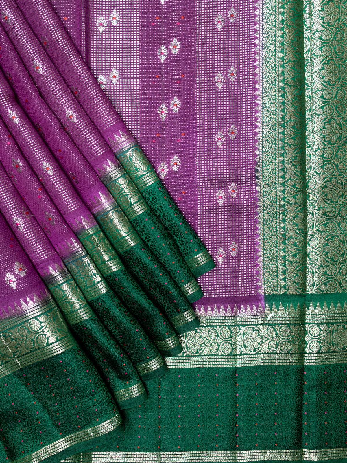 Purple And Green Chiniya Silk Saree With All Over Weave And Gold Zari