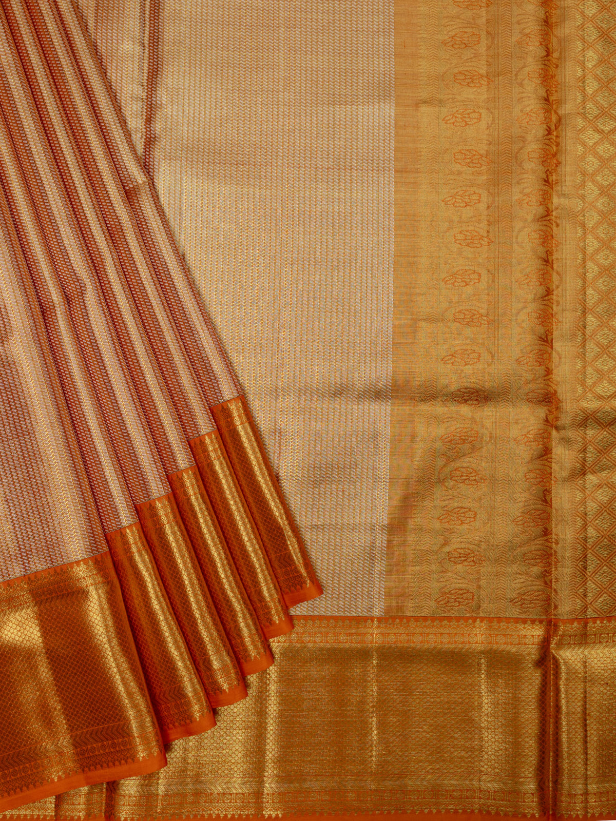 Kanjeevaram Kanchi Pattu Matte Finish Kanchi Contrast Border Cream Matte Base + Orange