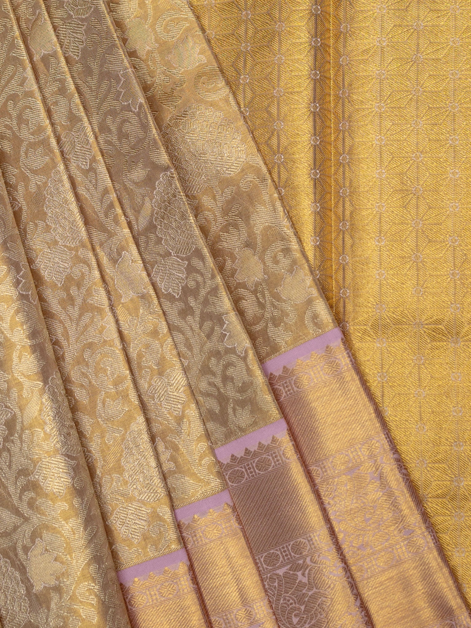 Kanjeevaram Tissue Kanchi Pattu All Over Weave Cream Base + Lilac