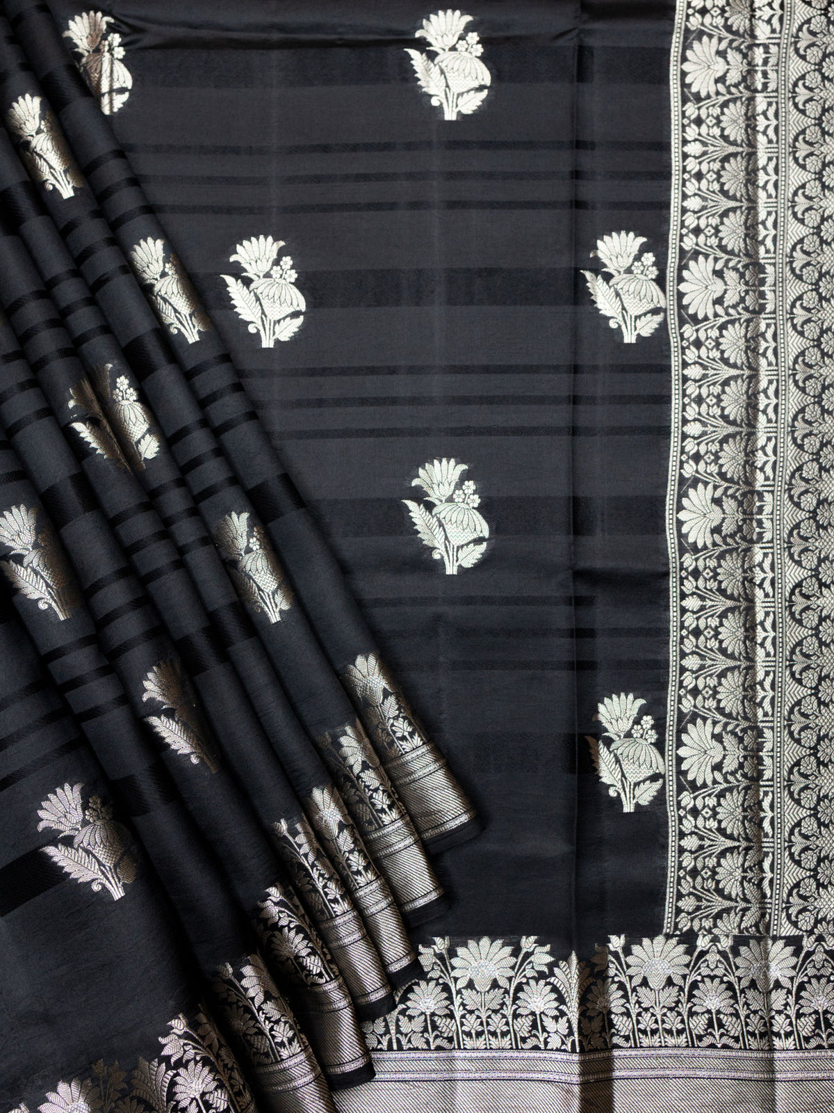 Black Chiniya Silk Saree – Silver Zari Butta With Contrast Border