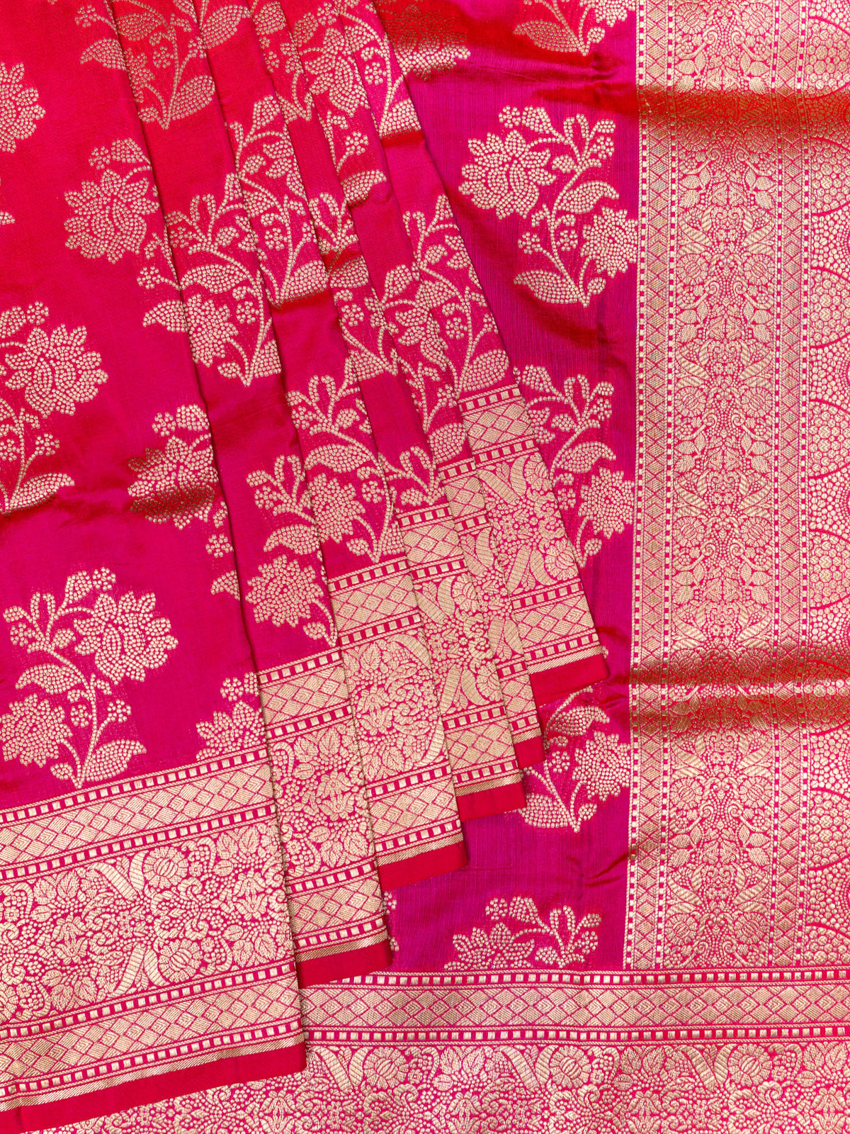 Banarasi Butta Saree Rani Pink Gold Zari Unstitched