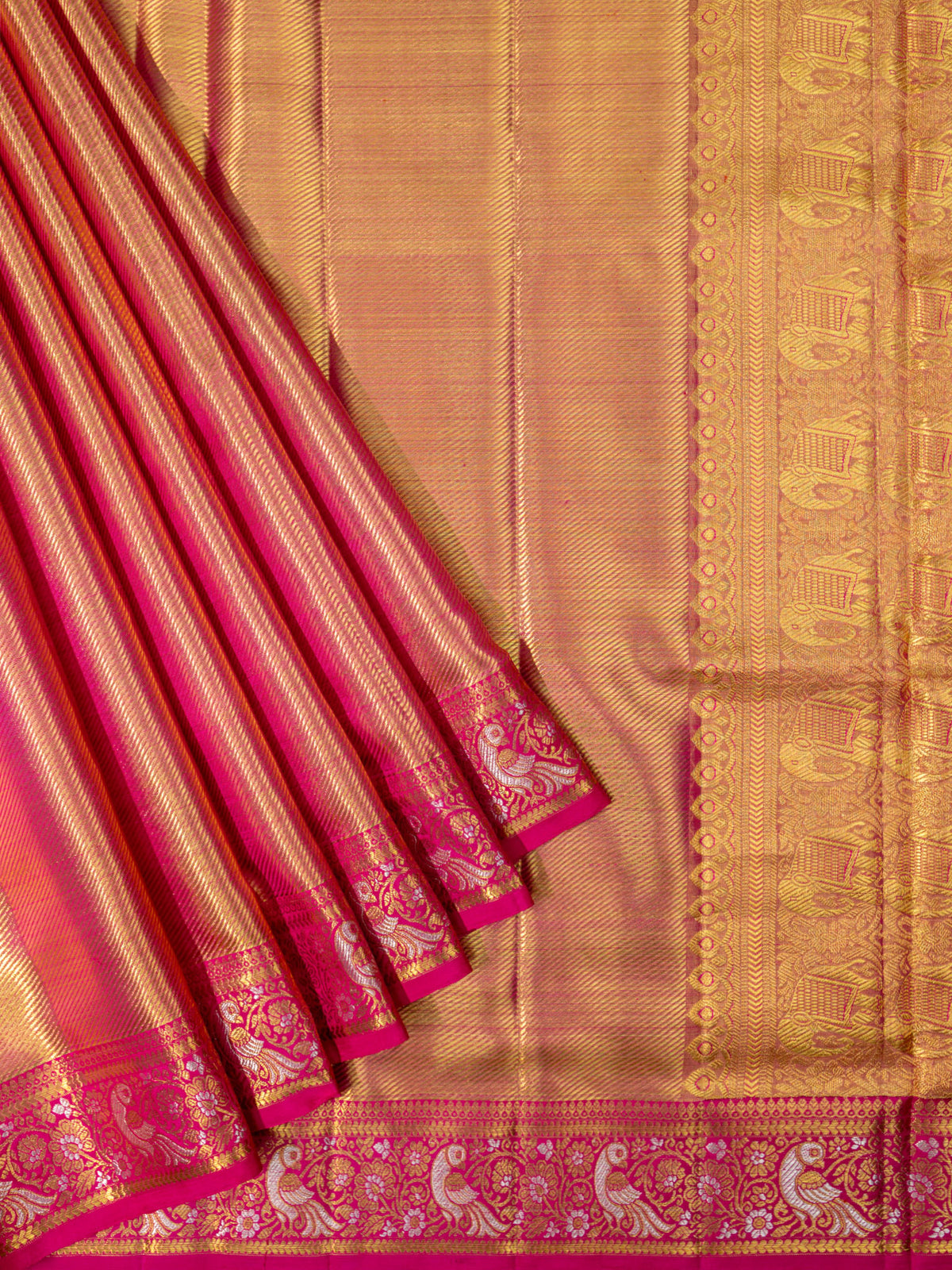Kanjeevaram Kanchi Pattu Matte Finish With Contrast Meenakari Border Pink/Gold + Rani Pink