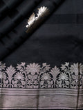 Black Chiniya Silk Saree – Silver Zari Butta With Contrast Border