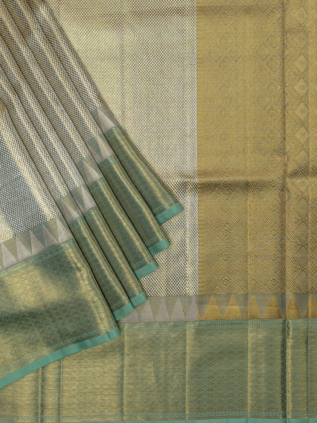 Kanjeevaram Kanchi Pattu Matte Finish With Kanchi Border With Temple Border And Edgeing Cream Matte Base + Ash