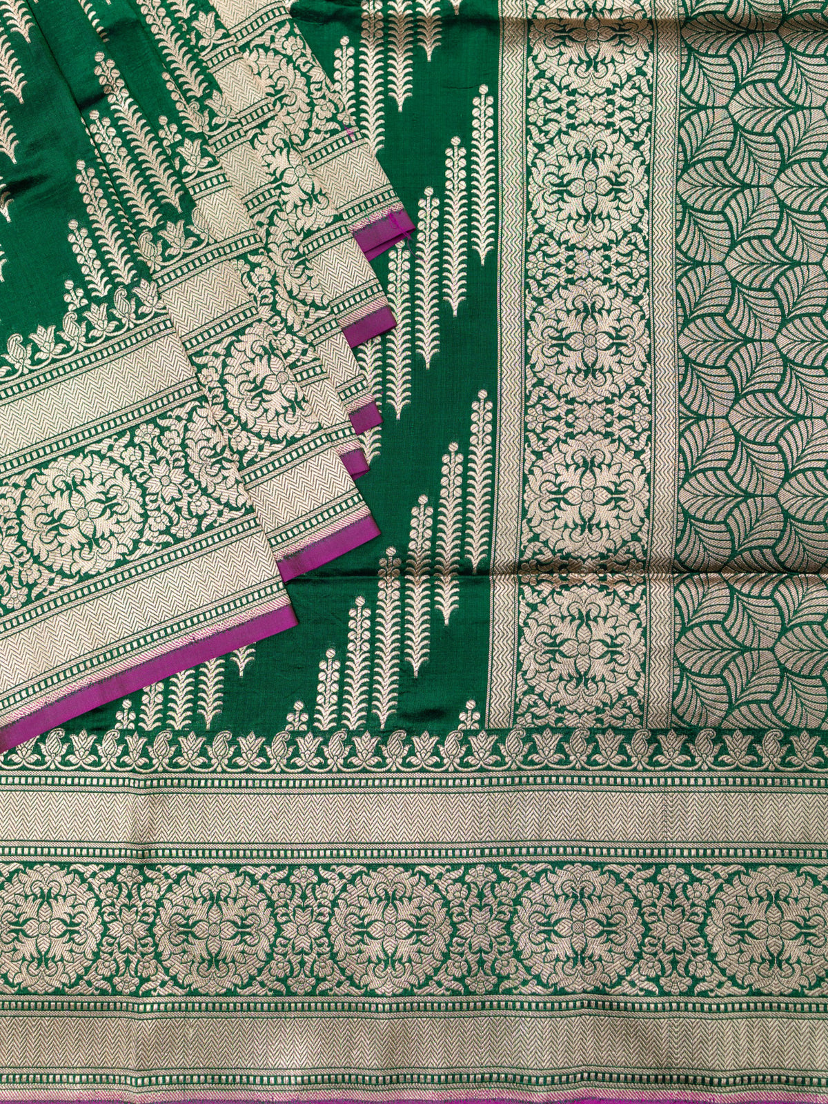 Bottle Green Banarasi Jaal Saree with Gold Zari Border
